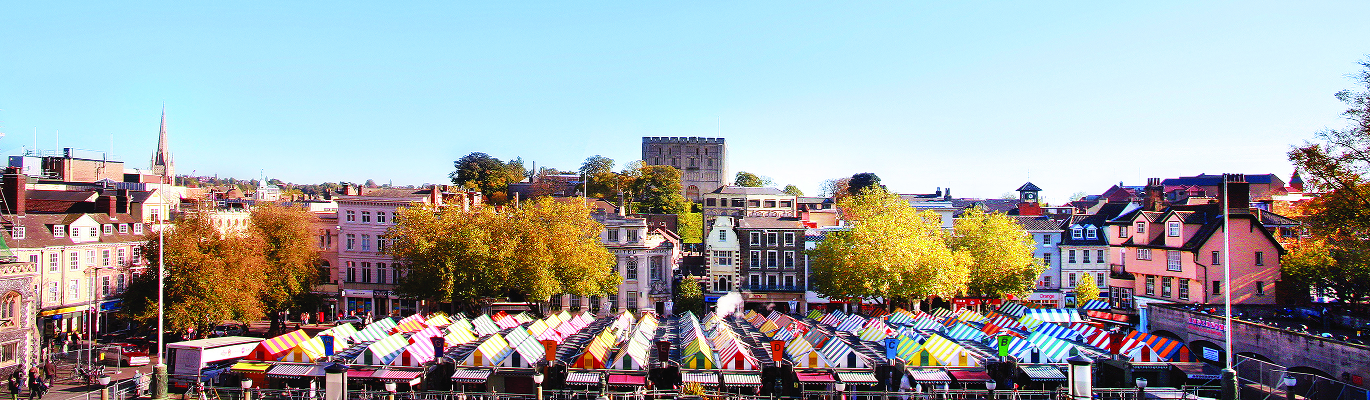 View from City Hall across the market towards Norwich Castle